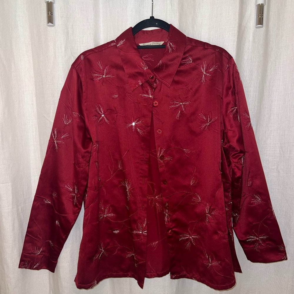 Silk Red Embroidered Sequined Long Sleeve Button Up Blouse